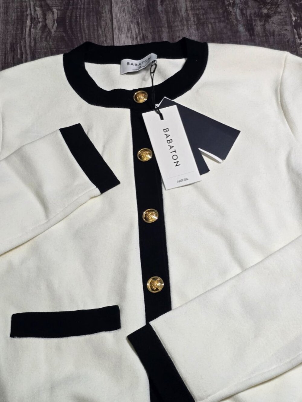 Babaton Womens Contrast Trim Cardigan Ivory Black Gold Button XS Aritzia - Picture 8 of 14